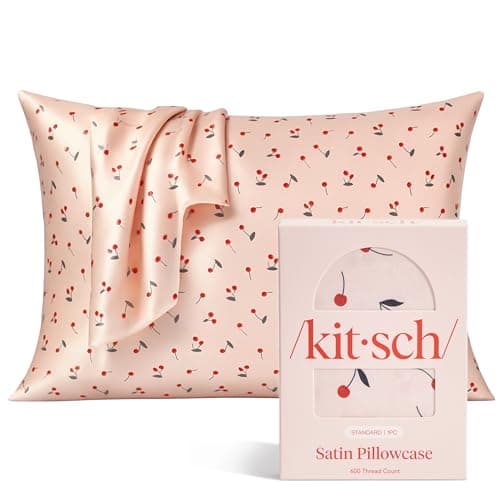 Image of Kitsch Satin Pillowcase, Softer Than Silk Pillow Cases Queen, Cooling Pillow Covers, Satin Pillowcase w/Zipper for Hair, Skin & Quality Sleep, Wrinkle-Free & Smooth, Queen Size 19"x26", Cherry Print