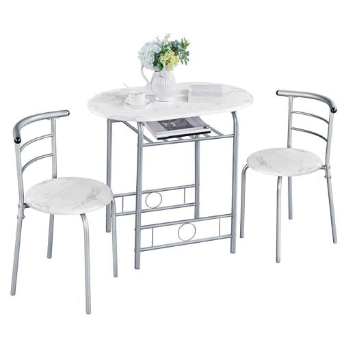 Image of Yaheetech 3 Piece Dining Room Set, Modern Dining Table and Chairs Set of 2, Breakfast Bar Table and Chairs with Metal Legs and Shelf Storage for Kitchen/Apartment/Small Space, White