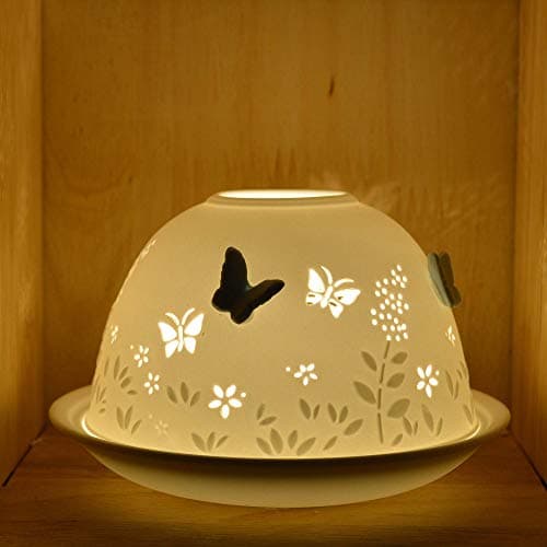 Image of Nordic Lights Blue Butterfly Porcelain Tealight Holder Dome | Candle Holder Projecting 3D Image Use With Scented Candle, LED Light | Perfect Living Room Decor Lights | Shade & Plate Set with Gift Box