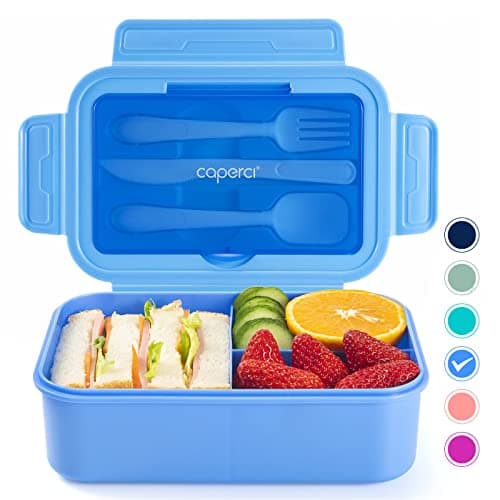 Image of Caperci Classic Bento Lunch Box for Adult & Older Kids - Leakpoof 47 oz 3-Compartment Lunch Containers for Adults and Teens, Built-in Utensil Set, Ideal for On-the-Go, Blue