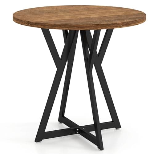 Image of COSTWAY 80cm Round Dining Table, Wooden Kitchen Table with Metal Pedestal Base, Thickened Top, Adjustable Foot Pads & Stable X-shaped Base, Dinner Table for Dining Room Restaurant (Black+Rustic Brown)