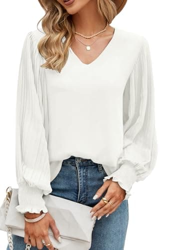 Image of Odosalii Ladies Tops,White Long Sleeve Blouses,Womens Going Out Tops,Elegant V Neck Longline Oversized Chiffon Shirts for Wedding Guests UK Size 14 16