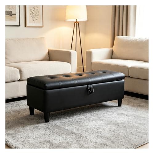 Image of INMOZATA Ottoman Storage Bench Chest Leather Footstool Window Seat Bench Bed End Stool for Living Room Bedroom Hallway Black
