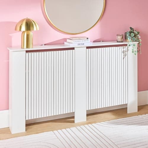 Image of OHS Radiator Cover Cream Modern Slatted Front, Ribbed Medium Radiator Cover MDF Wood Frame Top Shelf Decorative Heater Cover for Living Room Bedroom Hallway, 102 x 82 x 19cm