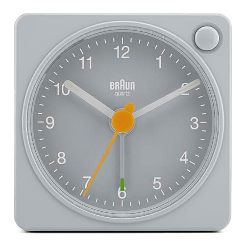 Image of Braun Classic travel Analogue Alarm Clock with Snooze and Light, Compact Size, Quiet Quartz Movement, Crescendo Beep Alarm in grey, model BC02XG