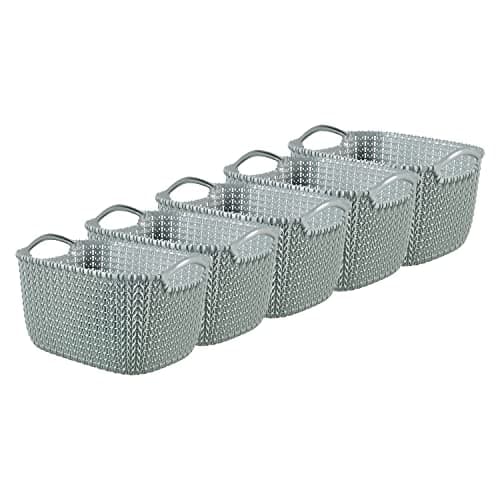 Image of Curver Knit Effect Set of 5 Kitchen, Living room, Bathroom, Bedroom, Utility Small Rectangular Storage Baskets 8 Litres - Misty Blue