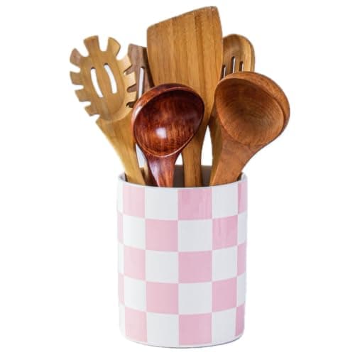 Image of Joyramic Kitchen Utensil Holder, 6.3 Inch Checkered Ceramic Cooking Utensil Holder Modern Utensil Crocks for Kitchen Counter-Farmhouse, Housewarming Gift, Decor and Accessories (Pink-White, 16 cm)