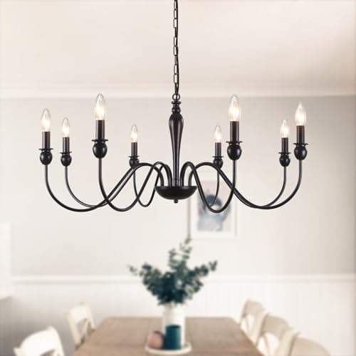 Image of ASHUAQI Black Chandelier, 8-Light Farmhouse Chandeliers Ceiling Light, E14 Socket Pendant Light Fitting Industrial Black Ceiling Lights for Living Room, Kitchen, Hallway, Dining Room, Bedroom