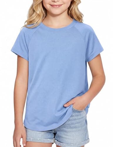 Image of Leversic Girls Summer T Shirts Raglan Short Sleeve Kids Tops Round Neck Plain Color Basic Tee Blue,10 Years,140