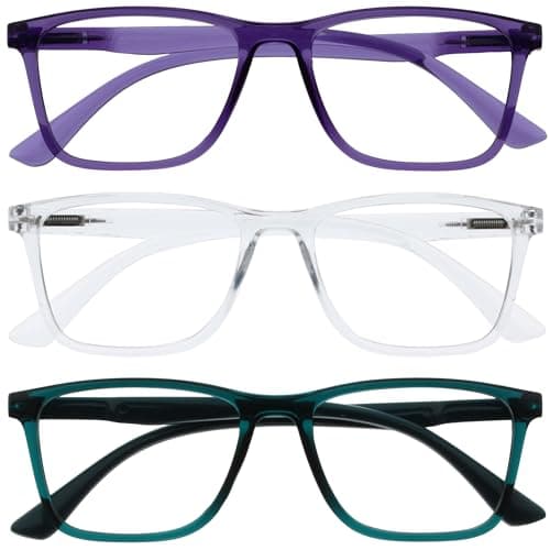 Image of OPULIZE NYX Blue Light Blocking Reading Glasses - Anti-Glare Computer and Gaming Eyewear - 3 Pack - UV and Eyestrain Protection - Rectangular Frame - Purple Clear Turquoise - Men Women - + 2.50