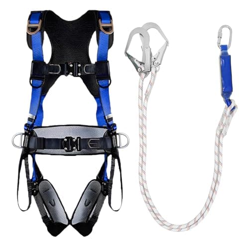 Image of NewDoar Professional Fall Protection Harness, ANSI/OSHA Compliant 5-Point Adjustable Full Body Harness for Roofing Tree Climbing Breathable Lightweight with Alloy Double Hook Safety Lanyard