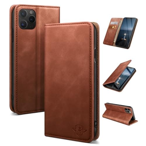 Image of SUANDUCK for iPhone 13 Pro 6.1" mobile phone case magnetic leather flip case with RFID-blocking card compartment, adjustable stand and 360° drop protection with Apple 13 Pro Brown
