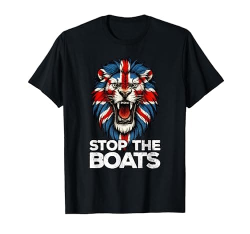 Image of UK Lion Flag. Stop The Boats T-Shirt, Men, Black, XX-Large
