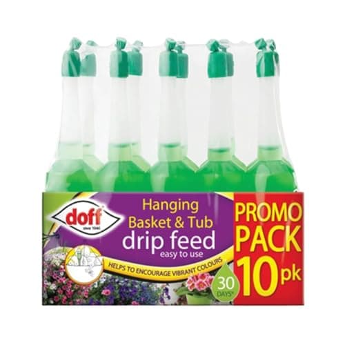Image of Doff Drip Feed Plant Fertiliser 10 Pack - Slow Release Feeders for Hanging Baskets & Pots - Up to 150 Days Plant Food - Easy Use Nutrient Bottles