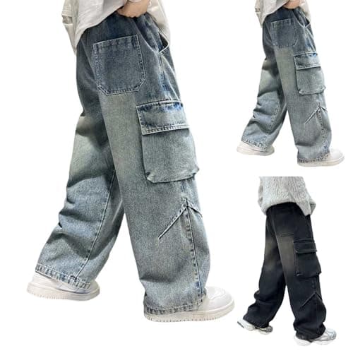 Image of Boys Jeans Baggy Vintage Straight Leg Denim Cargo Pants with Multipockets Kids Wide Leg Elasticated Waist Skater Teen Y2K Preppy Streetwear Sweatpant Loose Fit Spring (Dark Blue, 13-14 Years)