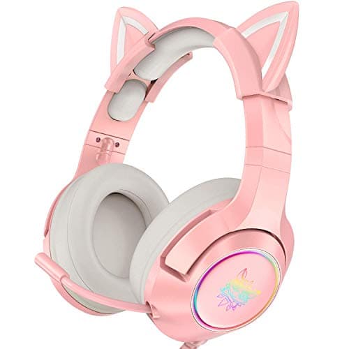 Image of PHNIXGAM Pink Gaming Headset for PS4, PS5, Xbox One(No Adapter), Wired Over-Ear Headphones with Detachable Cat Ears, Microphone, RGB Backlight, Surround Sound for PC, Mobile Phone