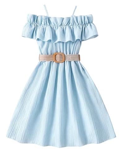 Image of FEOYA Solid Color Ruffle Trim Sleeveless Dresses for Girls with Belt Dance Midi Dress Hawaiian Off Shoulder Sundresses Pageant Spaghetti Strap Dress Blue 9-10 Years