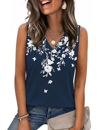 Image of Zeagoo Women's Summer Vest Tops V Neck Sleeveless Tank Top Basic Casual Solid Color Vests Shirt Floral B L