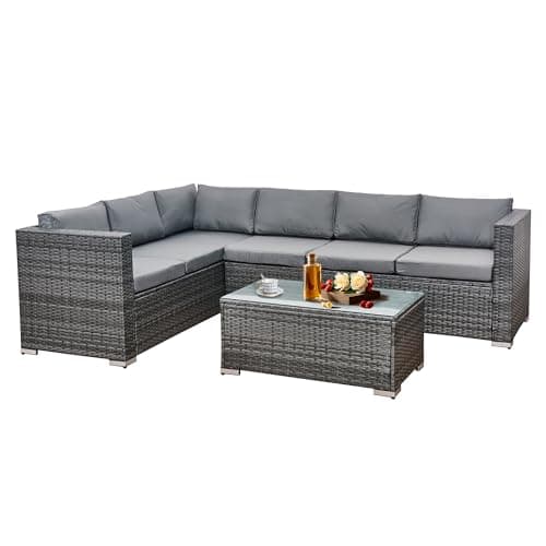 Image of Aweather 6 Seater Outdoor Rattan & Wicker Garden Furniture Set - Patio Lounge Sofa & Dining Set with Glass Coffee Table, Weatherproof Seating for Garden, Patio, Balcony & Conservatory - Grey