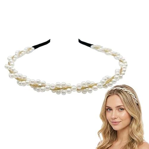 Image of Elegant Double Layer Pearl Headband with Gold Wire Design - White Faux Pearl Hair Accessories for Women and Girls, Alice Band for Wedding Bridal Party and Festival Occasions