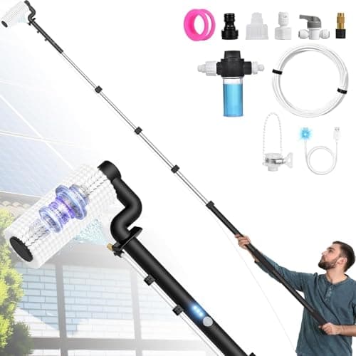 Image of LyriFine Electric Solar Panel Cleaning Brush and Pole Kit, 20Ft Extendable Washing Kit with Water Fed Pole, 2 Speed & Soap Dispenser, Outdoor Window Cleaning Tool for Solar Panel, Window, Roof, RV