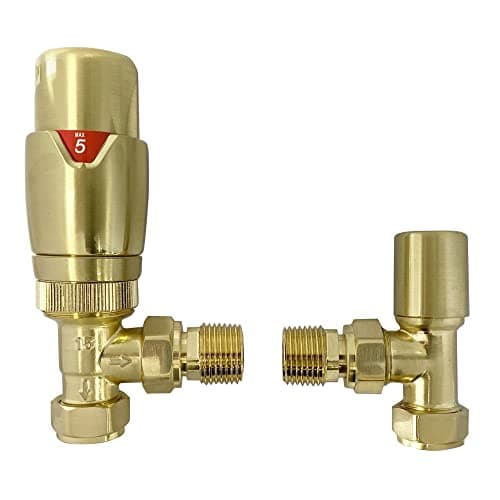 Image of Brushed Brass Angled Thermostatic Radiator Valves - Energy Saving