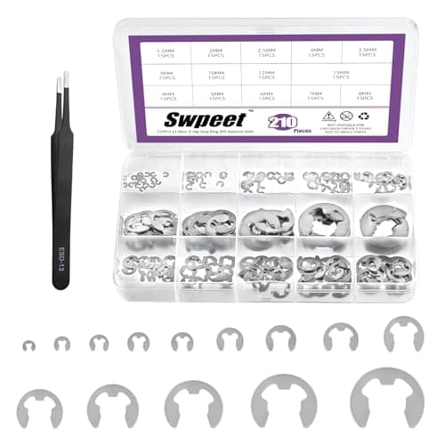 Image of Swpeet 210Pcs 14 Sizes 304 Stainless Steel E-Clip with Tweezers Assortment Kit, M1.5 M2 M2.5 M3 M3.5 M4 M5 M6 M7 M8 M9 M10 M12 M15 External Retaining Rings Snap Ring E-Ring Circlip Rings Kit for Gear