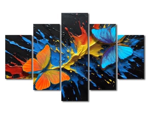 Image of 5 Piece Splash of Bright Colorful Oil Painting Canvas Wall Art Abstract Contemporary Art Wall Paintings Orange and Blue Tropical Morpho Butterfly Home Office Decorations 60"Wx40"H