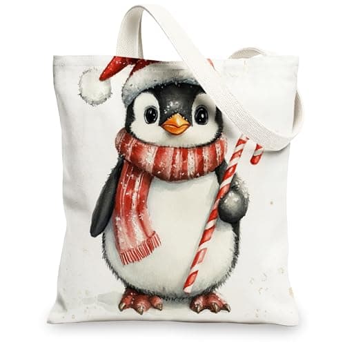 Image of Happy Christmas Candy Penguin Canvas Tote Bag for Shopping 13x15, Fun Xmas Reusable Grocery Print Bag for Women Men, Holiday New Year Aesthetic Painting Gift Decor