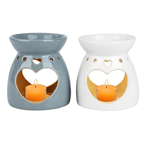 Image of YORKING 2pcs Essential Oil Burners Ceramic Wax Melt Burners White Wax Holder Candle Scented Diffuser Heart Scented Candle Cups as a Mother's Day Valentine's Day Gift Home Bedroom Office (White+Gray)