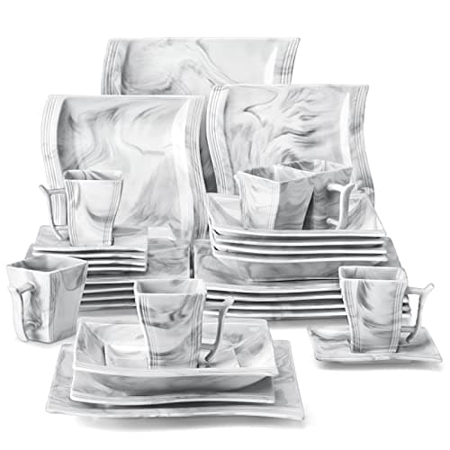 Image of MALACASA Dinner Sets for 6 People, 30-Piece Porcelain Square Plate and Bowls Set Marble Grey Dinnerware Set Tableware with Dinner Plates/Dessert Plates/Soup Plates/Cups and Saucers, Series Flora