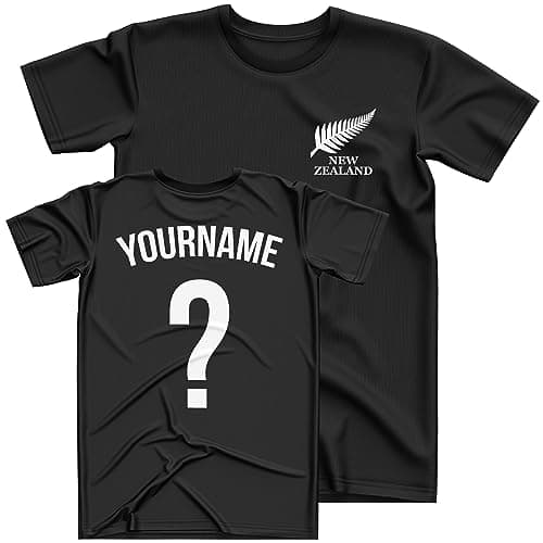 Image of Personalised New Zealand Kids T Shirt Name and Number Rugby Boys Girls Tee Top, 7-8 Years, Black
