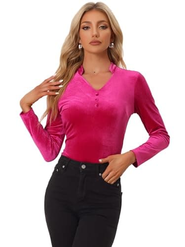 Image of Allegra K Women's Velvet Saree Blouse Long Sleeve V Mock Neck Casual Work Top Hot Pink S