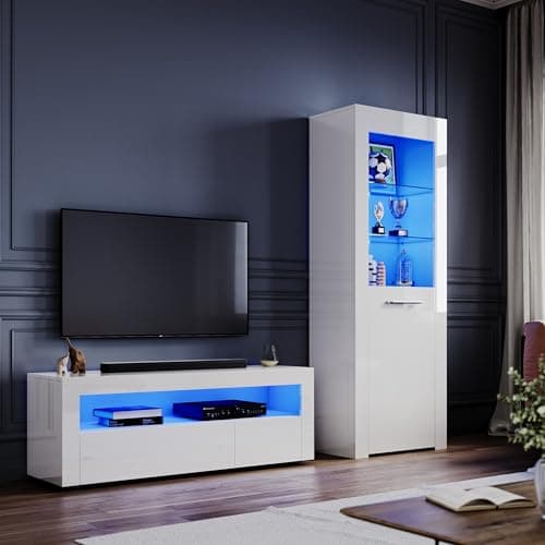 Image of ELEGANT High Gloss White Living Room Set TV Stand Display Cabinet(165cm) Multicolour LED Lights,UK Power Adapter Included