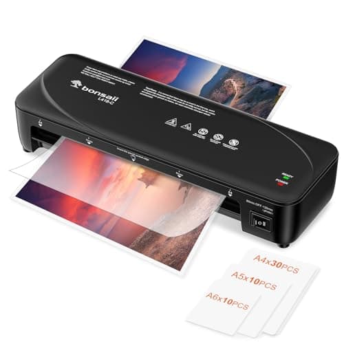 Image of Bonsaii A4 Laminator Machine Set - Includes 50 Laminating Pouches (30xA4, 10xA5, 10xA6), with Never Jam Technology, Dual Heat Settings, High-Speed Laminating, Max A4 Size Width, Black, L418-C
