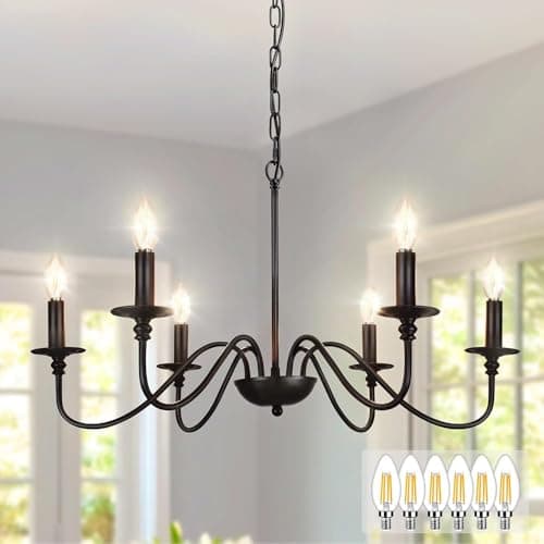 Image of Depuley Farmhouse Chandelier for Dining Room: 6-Light Black Industrial Kitchen Island Pendant Light Fixture with 6 E14 Bulbs - Rustic Candle Chandeliers Vintage Modern Hanging Ceiling Lamp for Bedroom