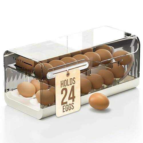 Image of Tasty Tools 24 Egg Rolling Dispenser, Clear Plastic Egg Holder For Fridge, Egg Organiser With Lid, Egg Holder For Kitchen Storage