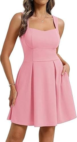 Image of Belle Poque Women Mini Dress A-Line Square V Neck Sleeveless Open Back Flowy Swing Dress with Pockets Pink L