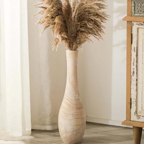Image of Hanobe Tall Floor Wooden Vase: Rustic Extra Large Decor Vases Floor Standing 56cm for Living Room Corner Vintage Wood Slim Vase Waisted for Pampas