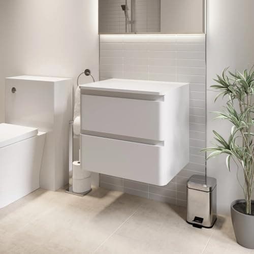 Image of Affine® Forma 600mm Bathroom Vanity Unit Wall Mounted Storage Cabinet Cupboard Furniture Cloakroom, Soft Close Drawers, White Gloss, No Basin
