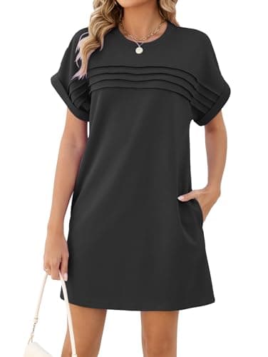 Image of Famulily Women's Summer Dress Soft T Shirt Sundress Trendy Pleated A Line Ladies Solid Short Dress for Beach Vacation Funeral Black M