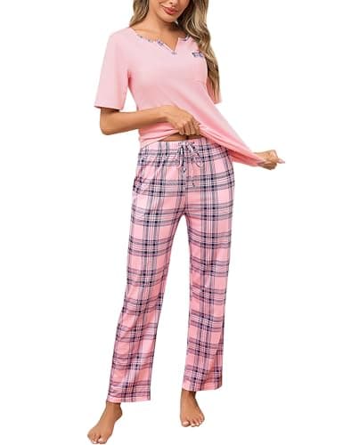 Image of Bresdk Women Pyjama Set Cotton Checked Short Sleeve Loungewear 2 Pieces V-Neck Top Bottom Sleepwear Soft Nightwear with Pockets Ladies Pjs Set Pink L