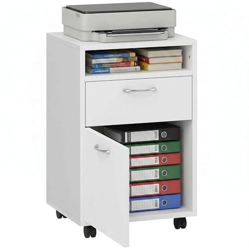 Image of HOMCOM 60cm Filing Cabinet with Drawer, Open Shelf, Metal Handles and 4 Wheels, Office Home Organiser Mobile Printer, White