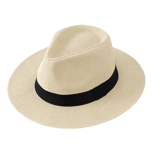 Image of Panama Hat for Men Summer Hats for Women Adjustable Summer Panama Fedora Wide Brim UPF 80+ Packable Straw Beach Hat for Holiday Travel Outdoor (A)