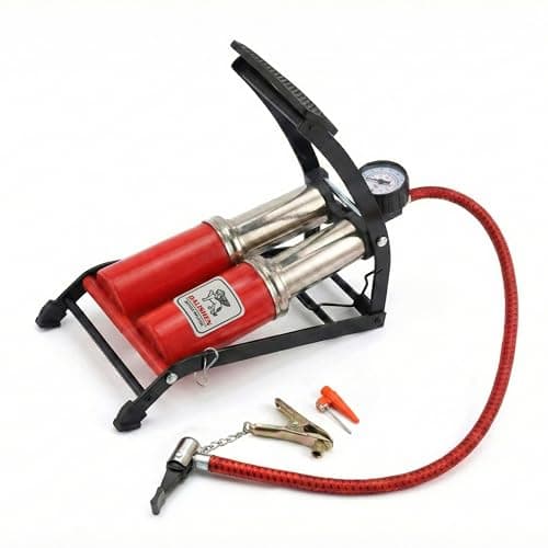 Image of Aspect Double Barrel Foot Pump, Twin Cylinder Foot Air Pump with 100 PSI Pressure Gauge, Metal Body, Thumb Lock Connector & 3 Valve Adaptors (Red)