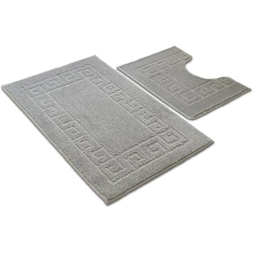 Image of Nest & Nibble Silver Bath Mat Set, 2-Piece Non-Slip Bathroom Mats Soft & Absorbent Shower Mat & Pedestal Rug | Quick Dry Washable Anti Slip Toilet Carpet - Greek Key Pattern (50x80cm + 50x40cm)