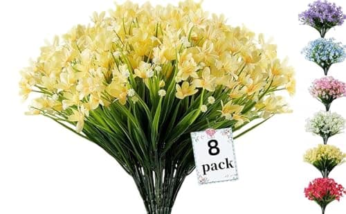 Image of Siganorpy 8 Bundles Artificial Daffodils Flowers, Fake Artificial Greenery UV Resistant No Fade Faux Plastic Plants for Wedding Bridle Bouquet Outdoor Home Garden Kitchen Office Table Vase (Yellow)
