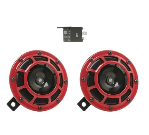 Image of HELLA Horn B133 Set - 2 Pieces - 12V - 118dB(A) - 300 / 500Hz - Low Tone / High Tone - Electric - Red / Black - Flat Connector incl. Relay - 3AG 003 399-801