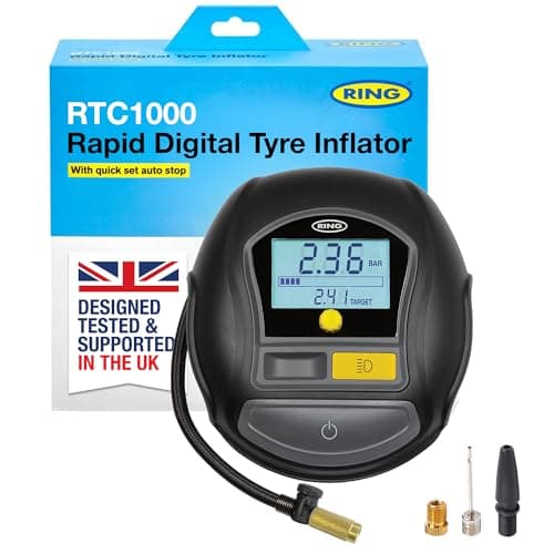 Image of RING TYREINFLATE 1000 Rapid Digital Tyre Inflator Air Compressor With Three Adaptors - Measures in PSI, BAR & Kpa