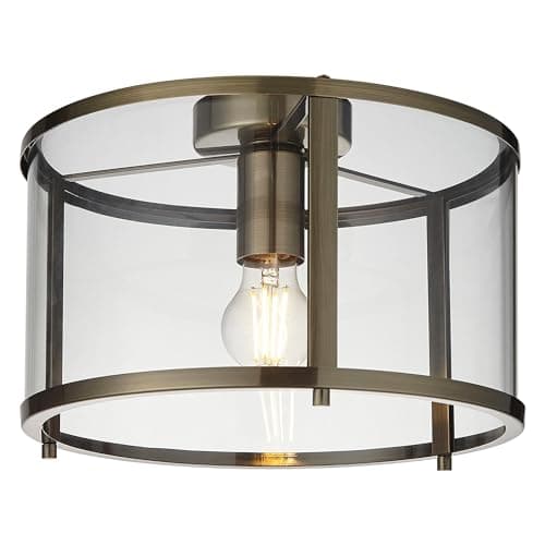 Image of National Lighting Barrel 310mm Flush Ceiling Light - Antique Brass Light Fitting with Clear Glass Shade, LED IP20 Dimmable Lighting for Living Room, Bedroom, Kitchen and Low Ceiling Spaces